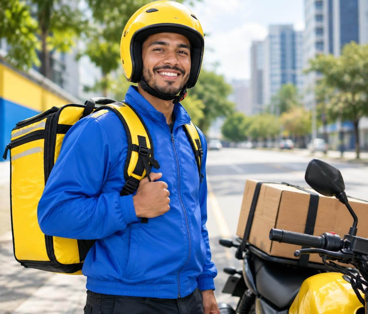Entregador de moto com capacete e mochila térmica segurando uma caixa