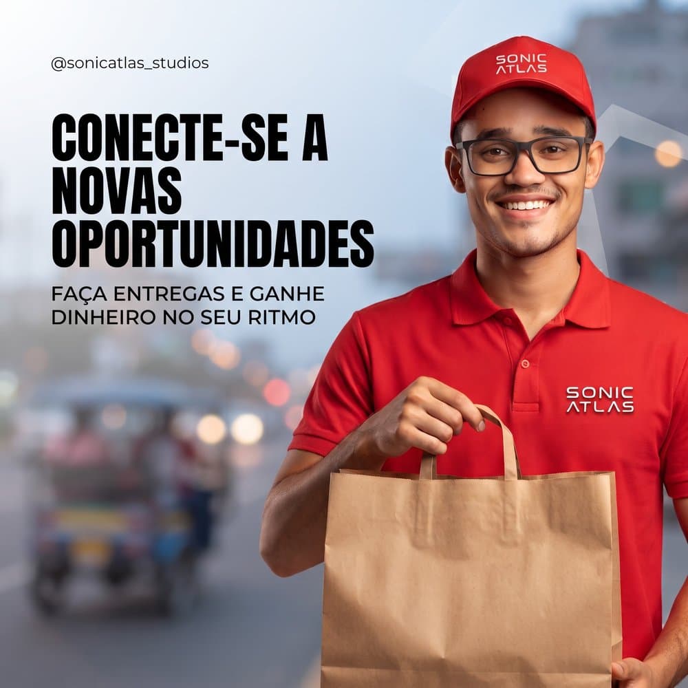 Entregador Sonic Atlas sorrindo com uma sacola de entrega