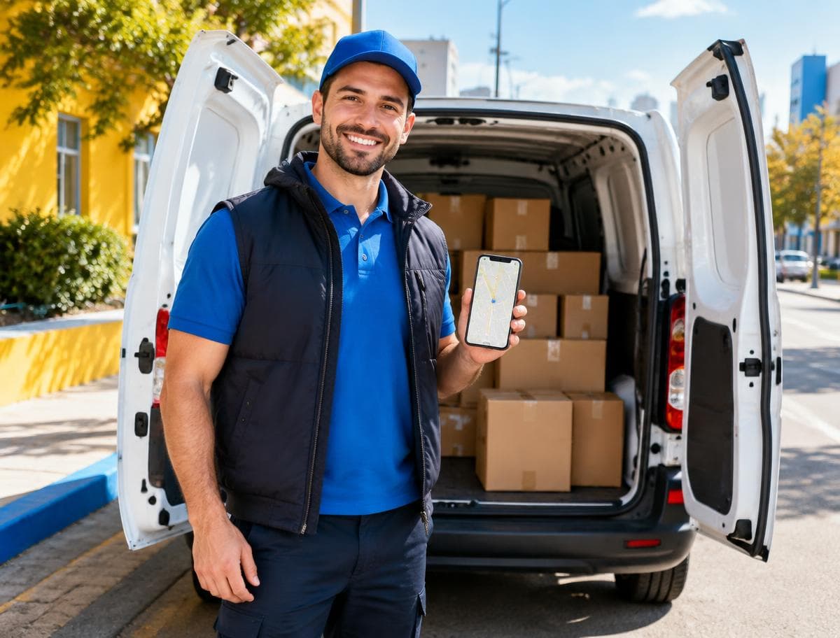 Motorista ao lado de uma van de entregas com caixas, segurando o celular com o mapa
